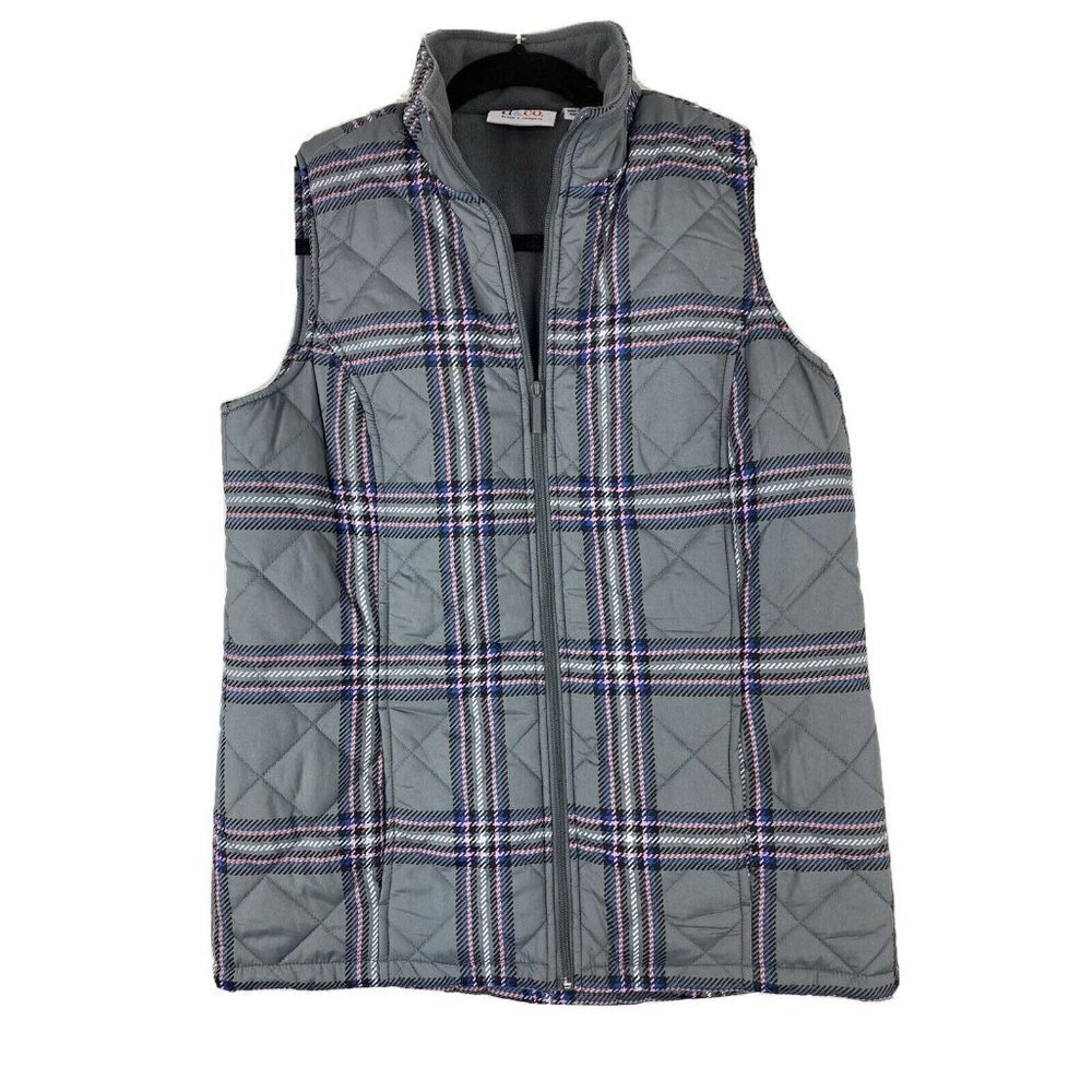 D&Co. Womens Quilted Vest Size XS Plaid Gray Pink Zip Up